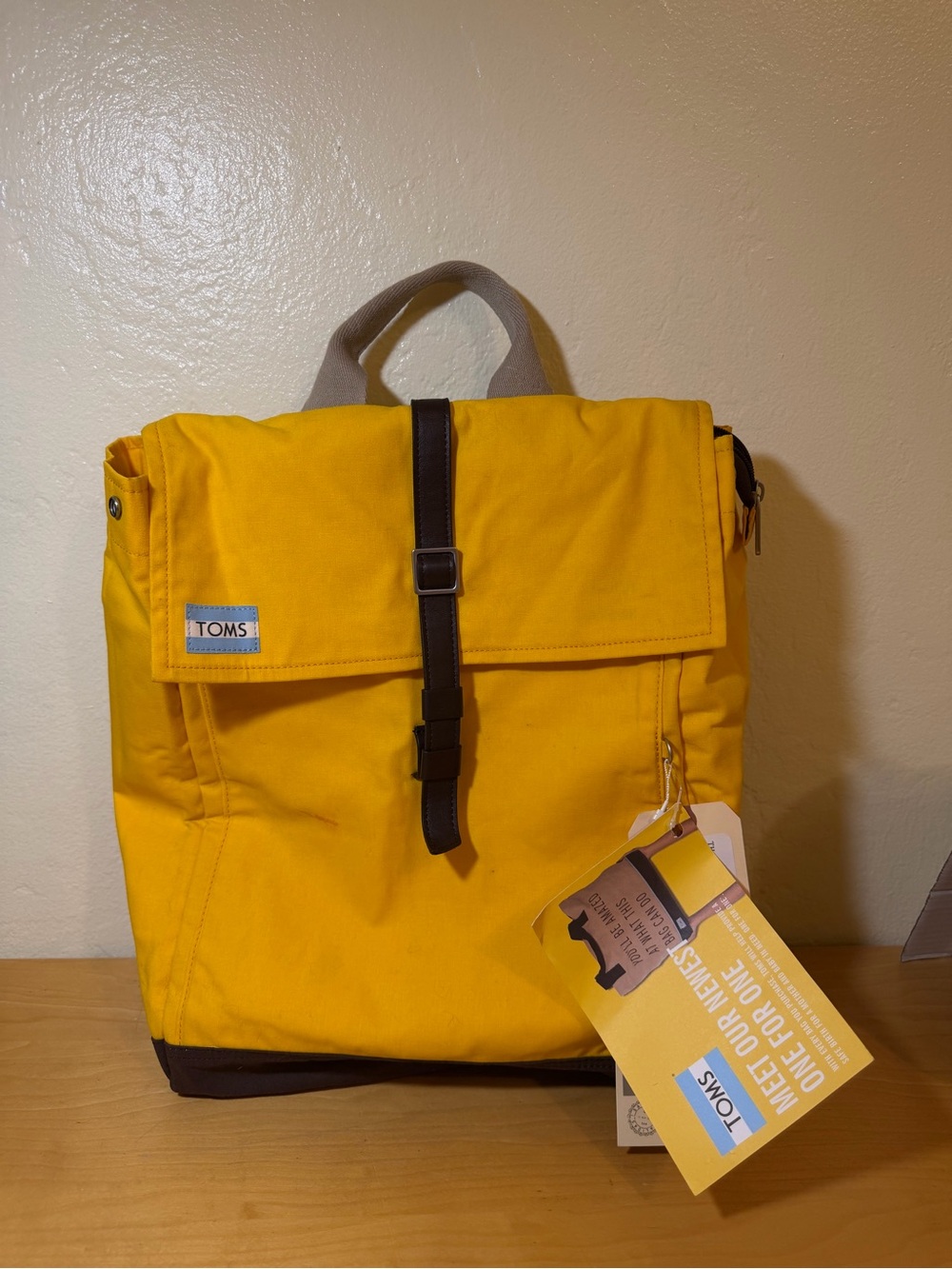 TOMS Yellow Canvas Roll-Top Backpack with Dark Brown Strap